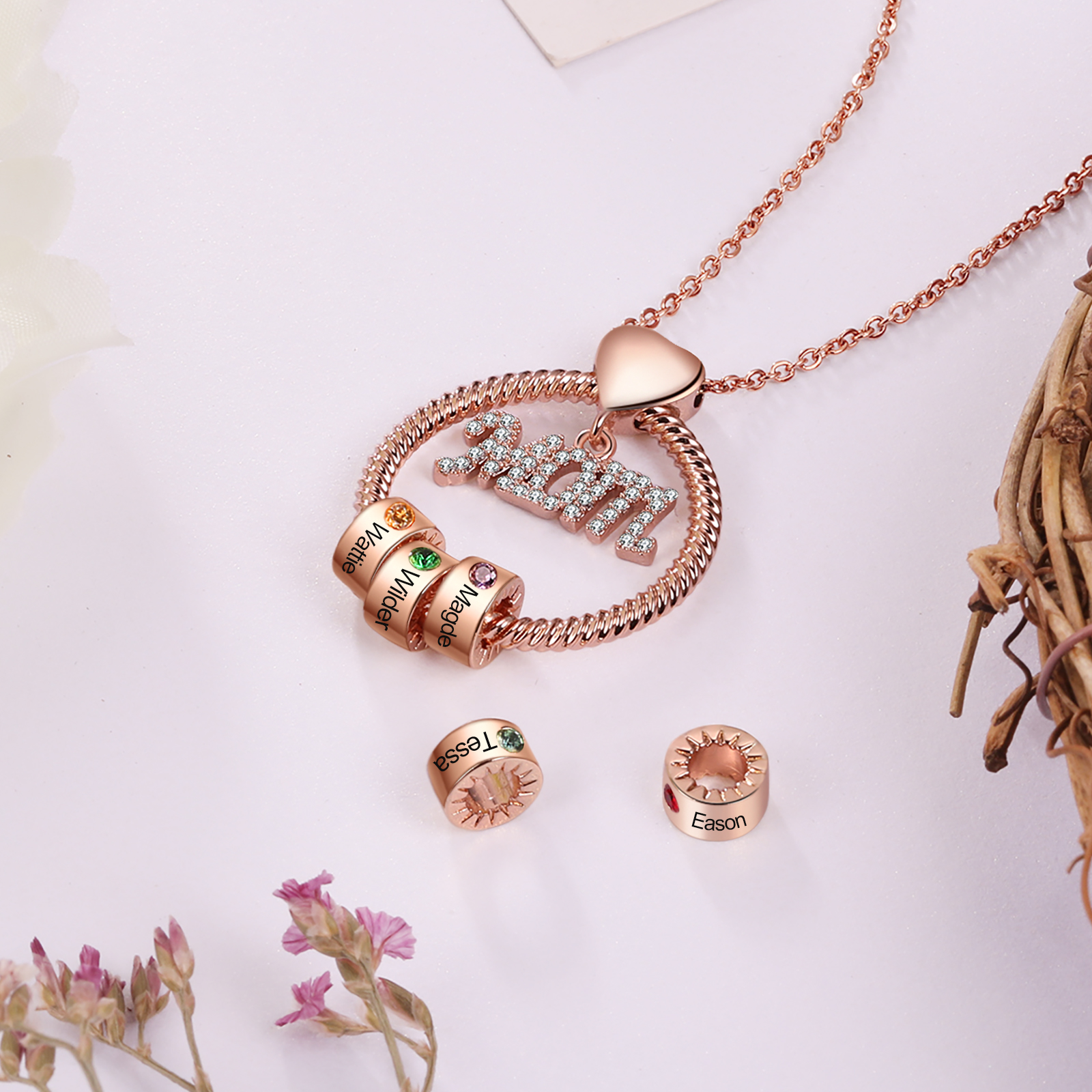 Personalised Necklace With 4 Birthstones Engraved Names Gift For Mother-Jessemade AU