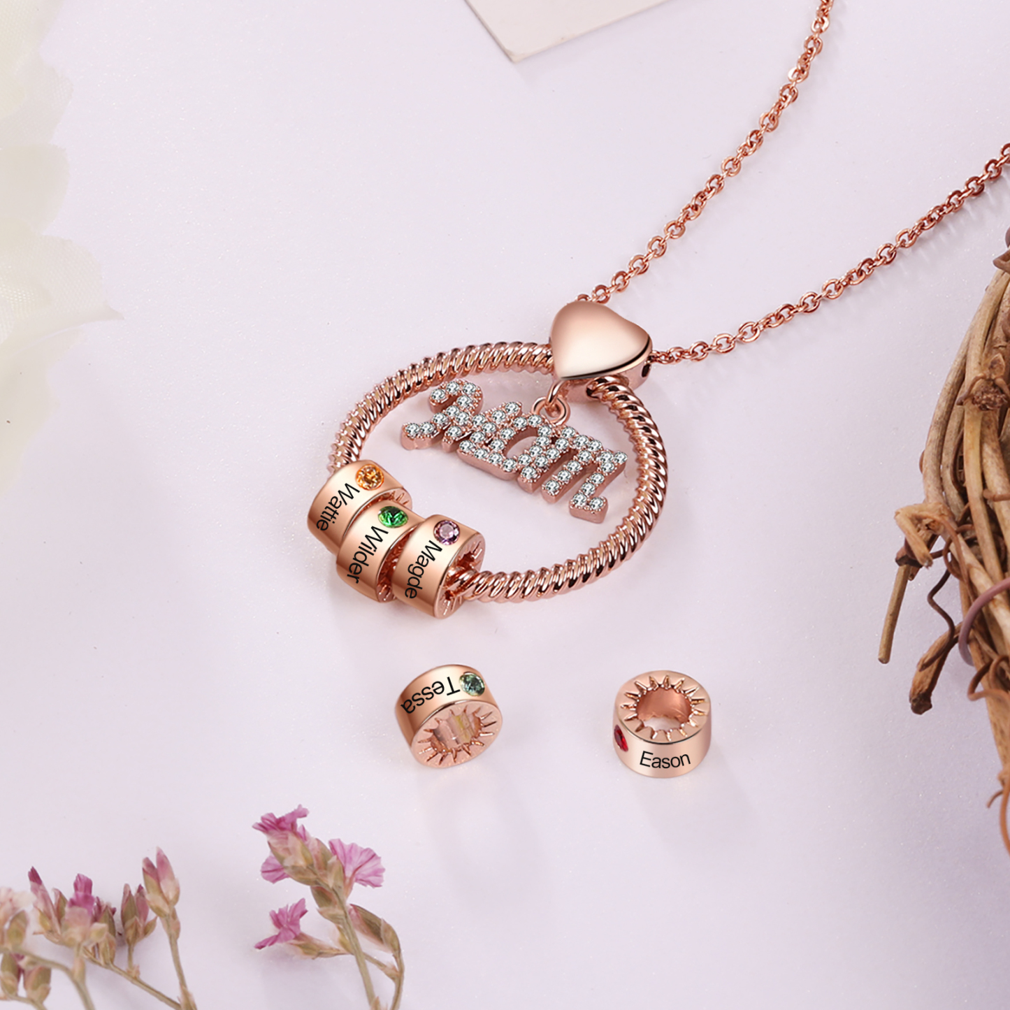 Personalised Necklace With 4 Birthstones Engraved Names Gift For Mother-Jessemade AU