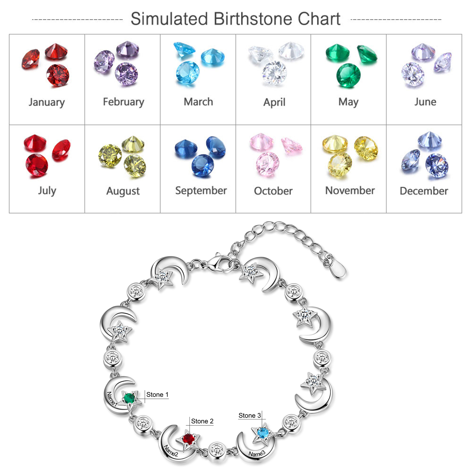 Personalised Moons And Stars Bracelet With 3 Birthstones Custom Names Bracelet Gift For Women-Jessemade AU