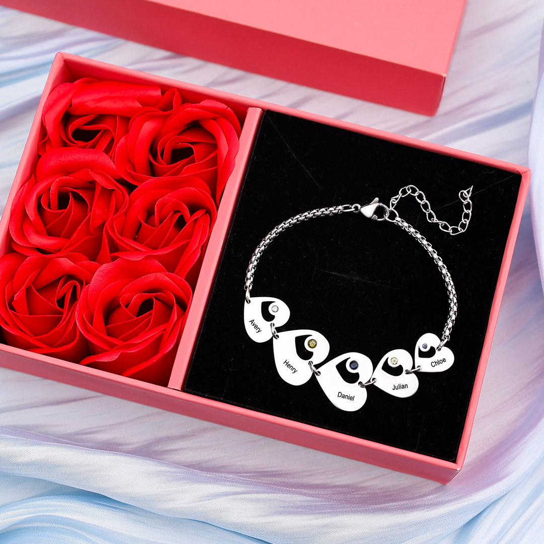 5 Names - Personalised Heart Bracelet Custom Names & Birthstones Family Bracelet Gifts for Her-Jessemade AU