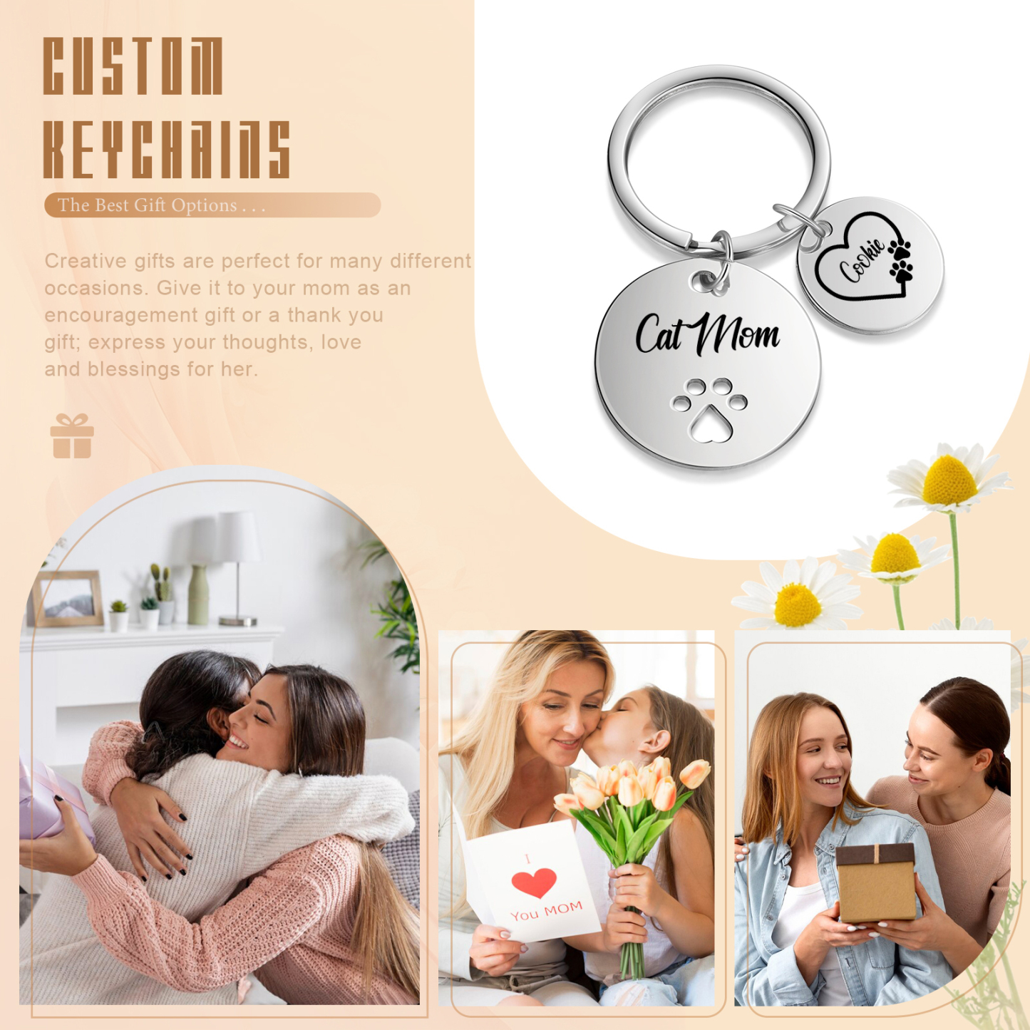 Personalised 1 Name & 1 Text Keychain Cat Paw Circle Charm Keychain Gift for Mother/Grandma-Jessemade AU