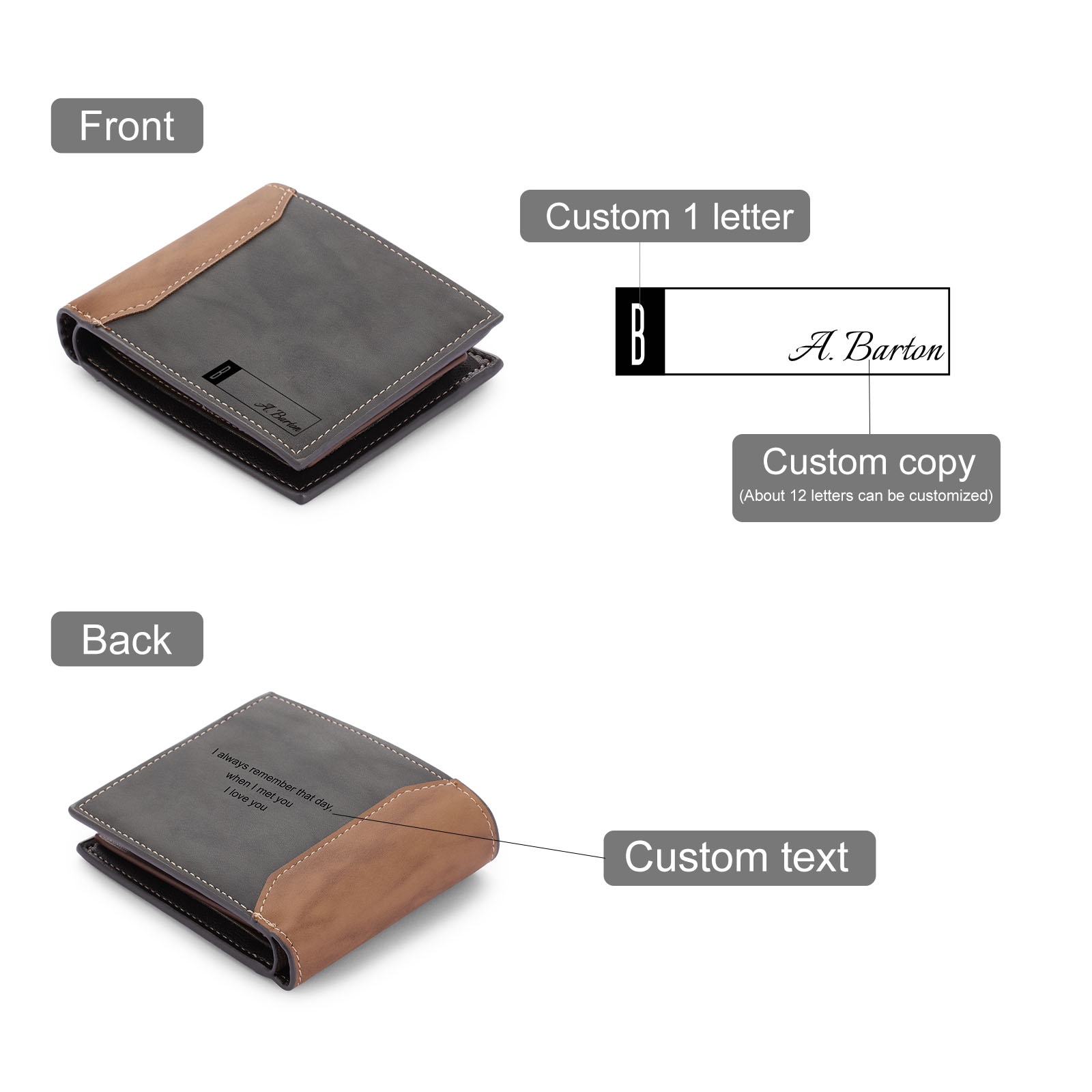 Personalised Leather Wallet Engraved Letter Short Purse Custom Folding Wallet Gifts For Him-Jessemade AU