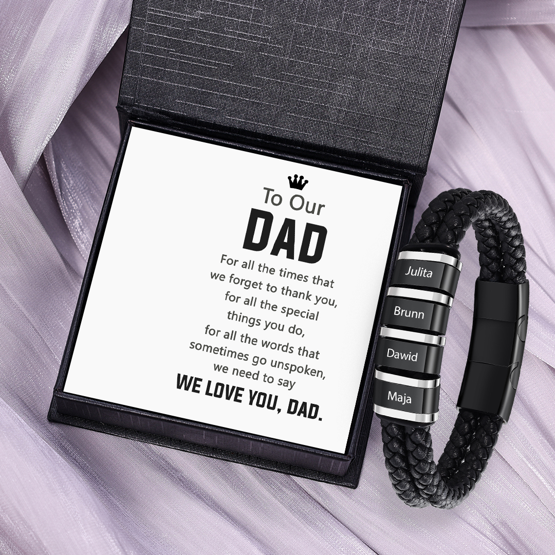 4 Names - Men's Leather Bracelet Custom Names Beaded Bracelet Adjustable Personalised Gift for Him-Jessemade AU