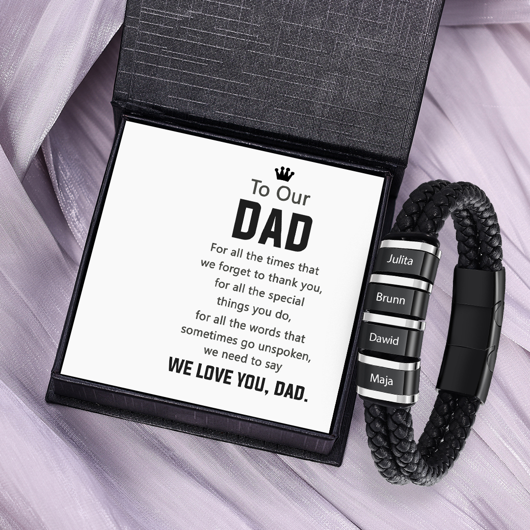 4 Names - Men's Leather Bracelet Custom Names Beaded Bracelet Adjustable Personalised Gift for Him-Jessemade AU