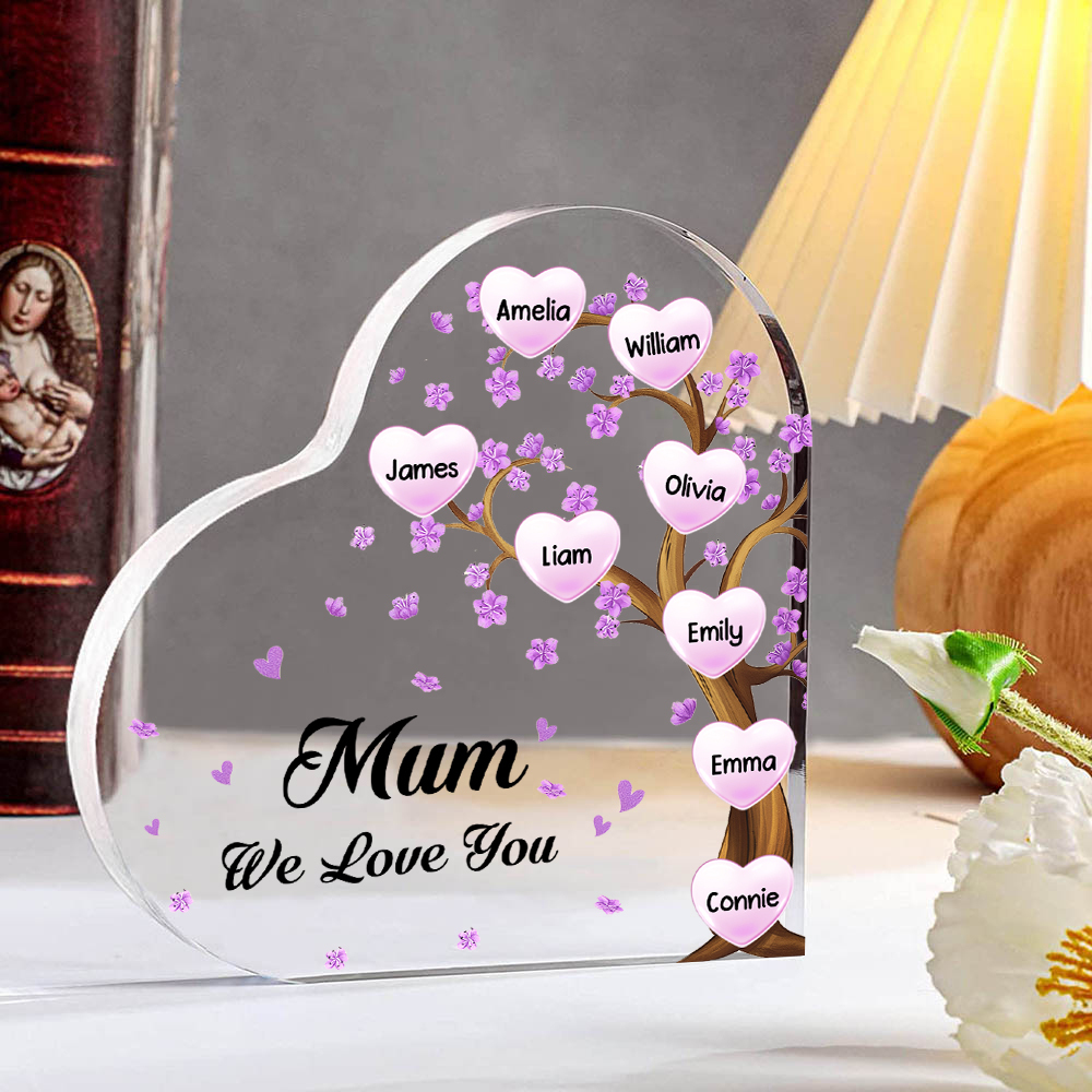 8 Names - Personalised Acrylic Heart Keepsake Custom Text Purple Flowers Tree Ornaments Gifts for Grandma/Mother-Jessemade AU