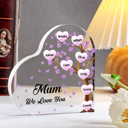 8 Names - Personalised Acrylic Heart Keepsake Custom Text Purple Flowers Tree Ornaments Gifts for Grandma/Mother-Jessemade AU