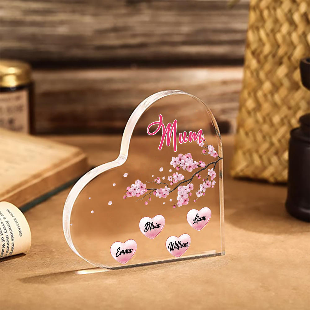 4 Names - Personalised Acrylic Heart Keepsake Custom Text Peach Blossom Ornaments Gifts for Grandma/Mother-Jessemade AU