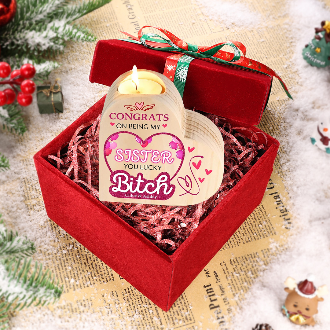 Personalised Heart Candle Holder Custom Text Wooden Candlestick "Congrats On Being My Sister" Funny Gift for Friend-Jessemade AU