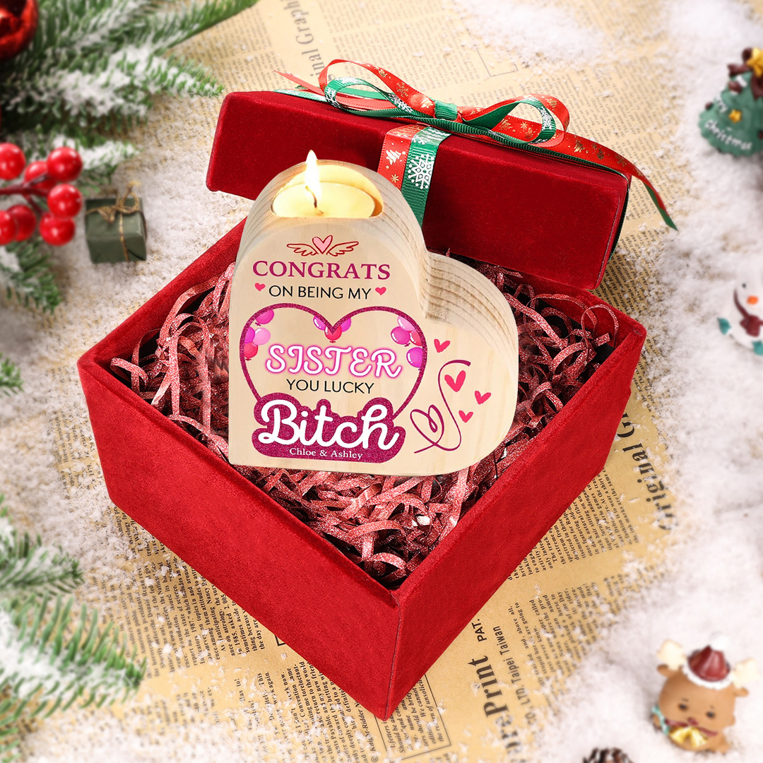 Personalised Heart Candle Holder Custom Text Wooden Candlestick "Congrats On Being My Sister" Funny Gift for Friend-Jessemade AU