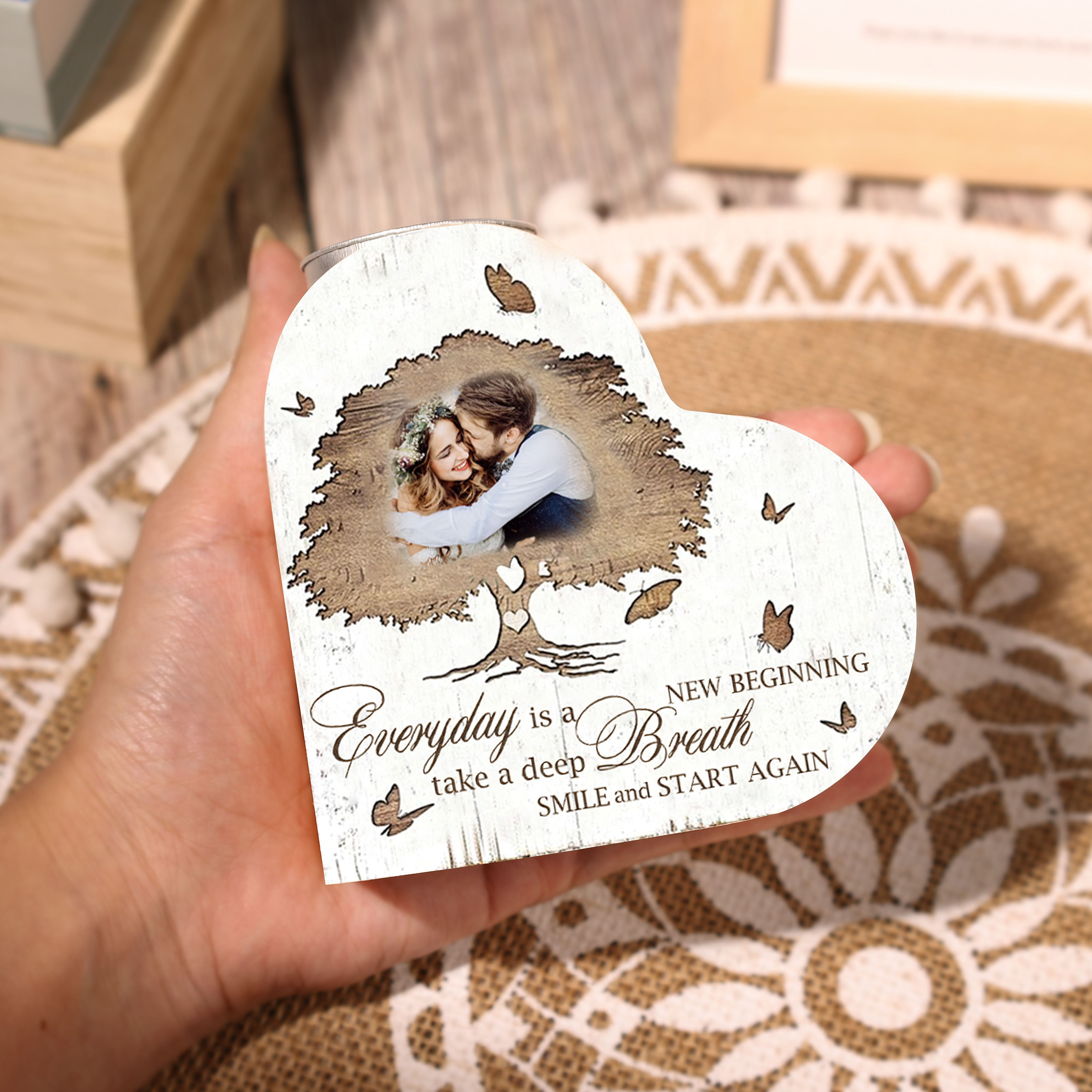 Mothers Gifts Personalised Love Couple Heart Candle Holder Engrave Photo Wooden Candlesticks Valentines Gift-Jessemade AU