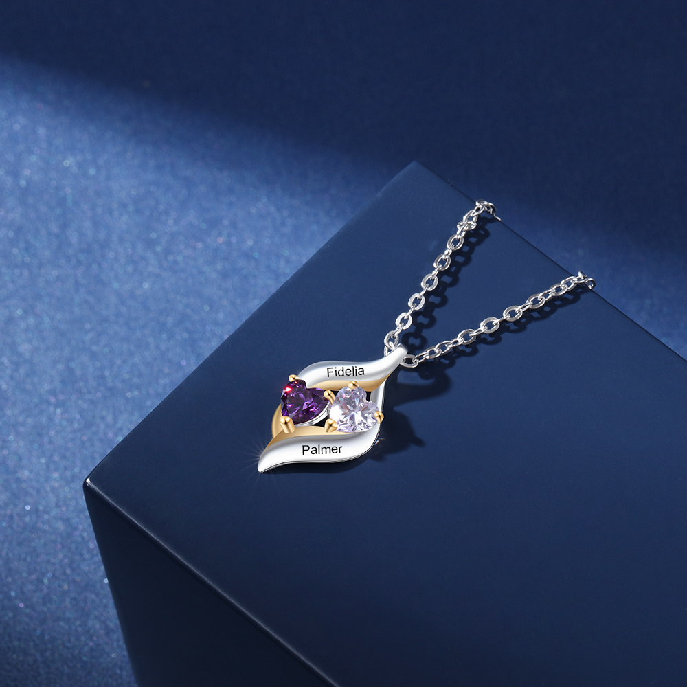 Personalised S925 Necklace With 2 Heart Birthstones Engraved Names Gift For Her-Jessemade AU