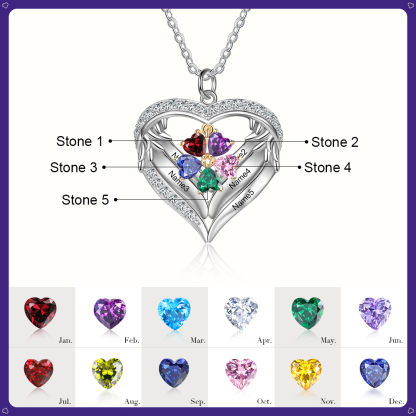 Personalised Wings Necklace With 5 Heart Birthstones Engraved Names Gift For Women-Jessemade AU