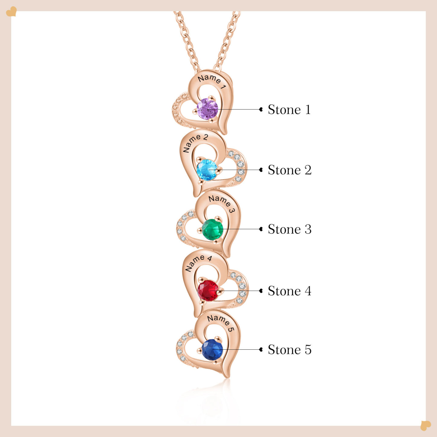5 Names - Personalised Heart Pendant Necklace Custom Birthstones & Names Necklace Birthday Gift for Her-Jessemade AU