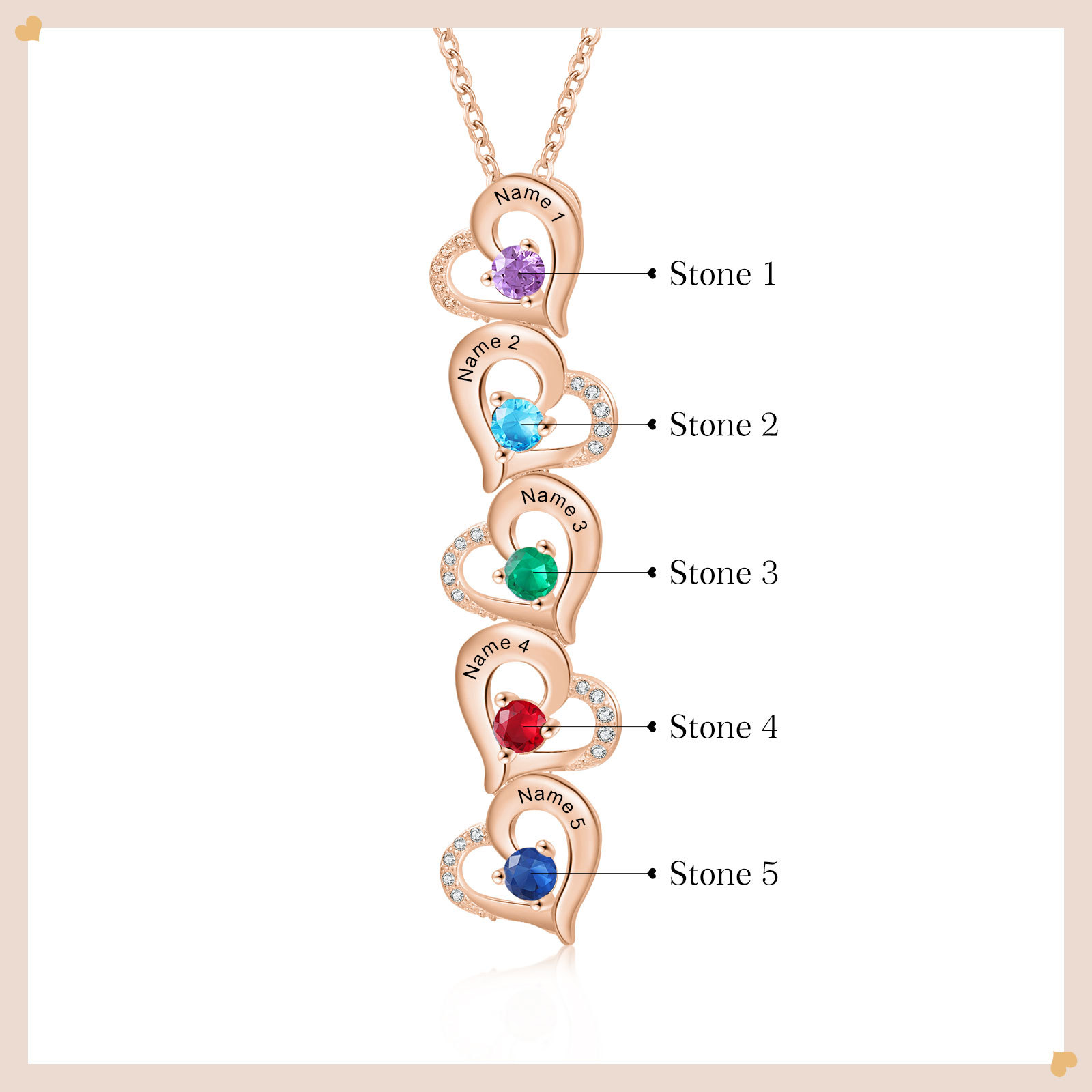 5 Names - Personalised Heart Pendant Necklace Custom Birthstones & Names Necklace Birthday Gift for Her-Jessemade AU
