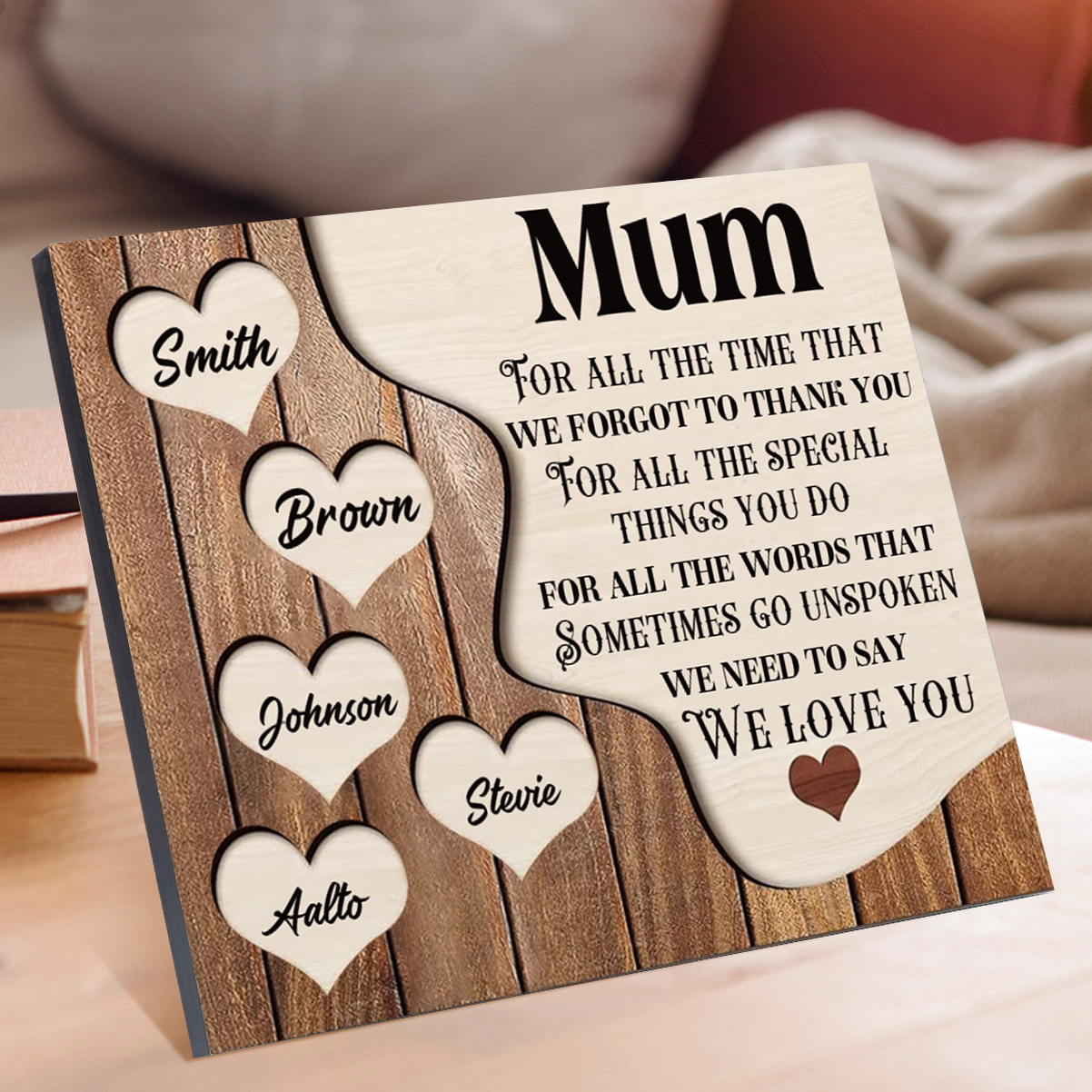 5 Names - Personalised Mum Wooden Plaque Custom Names Home Decoration Hearts Gift for Mother-Jessemade AU