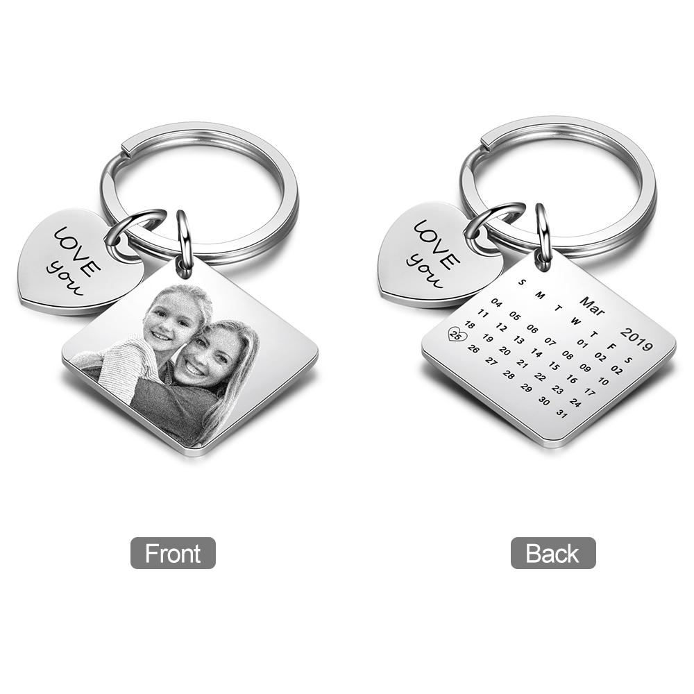Photo Keychain Personalised with Calendar and Engraved Heart Charm Gifts for Her-Jessemade AU