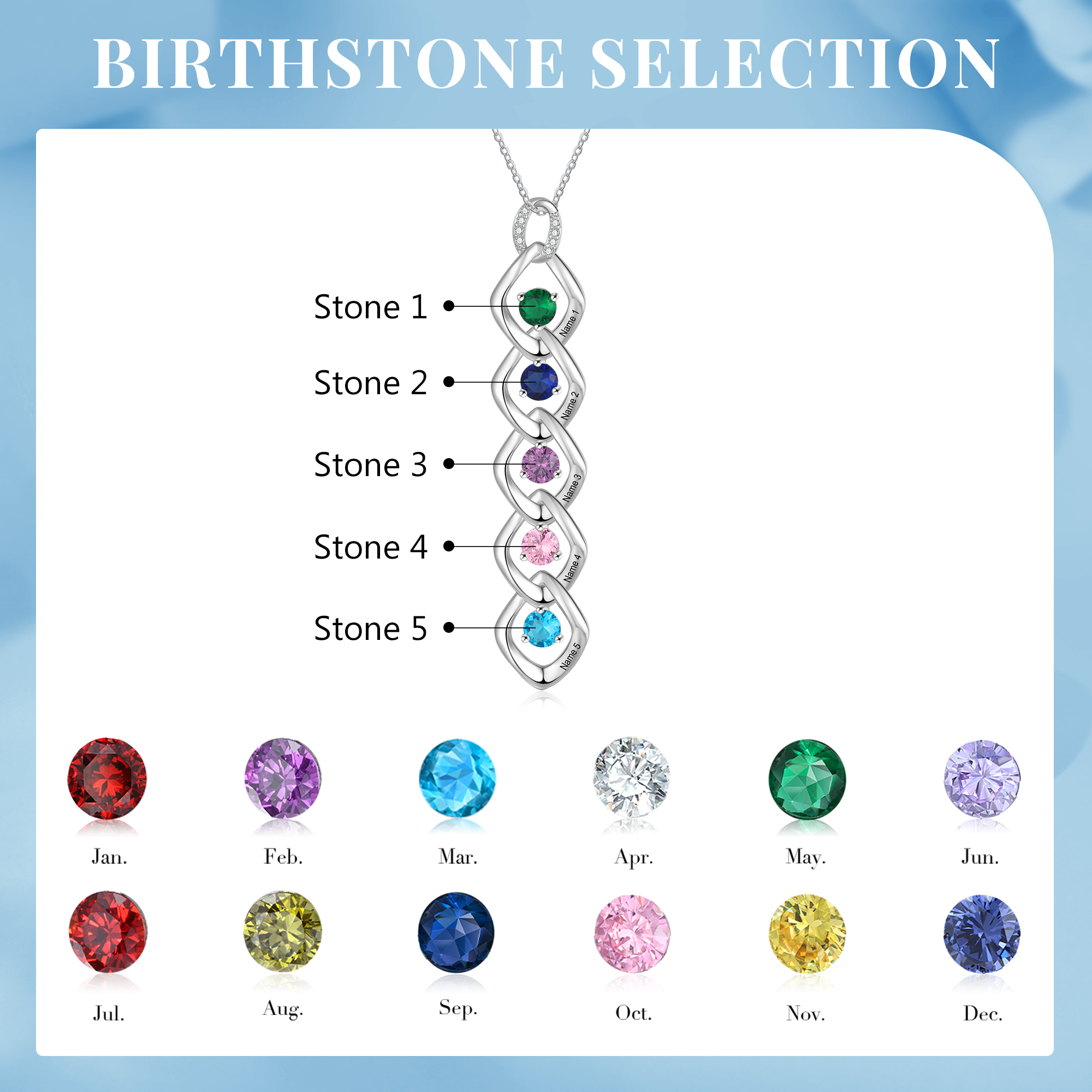 Personalised Pendant Necklace Custom 5 Birthstones Engraved 5 Names Necklace Gift for Women-Jessemade AU