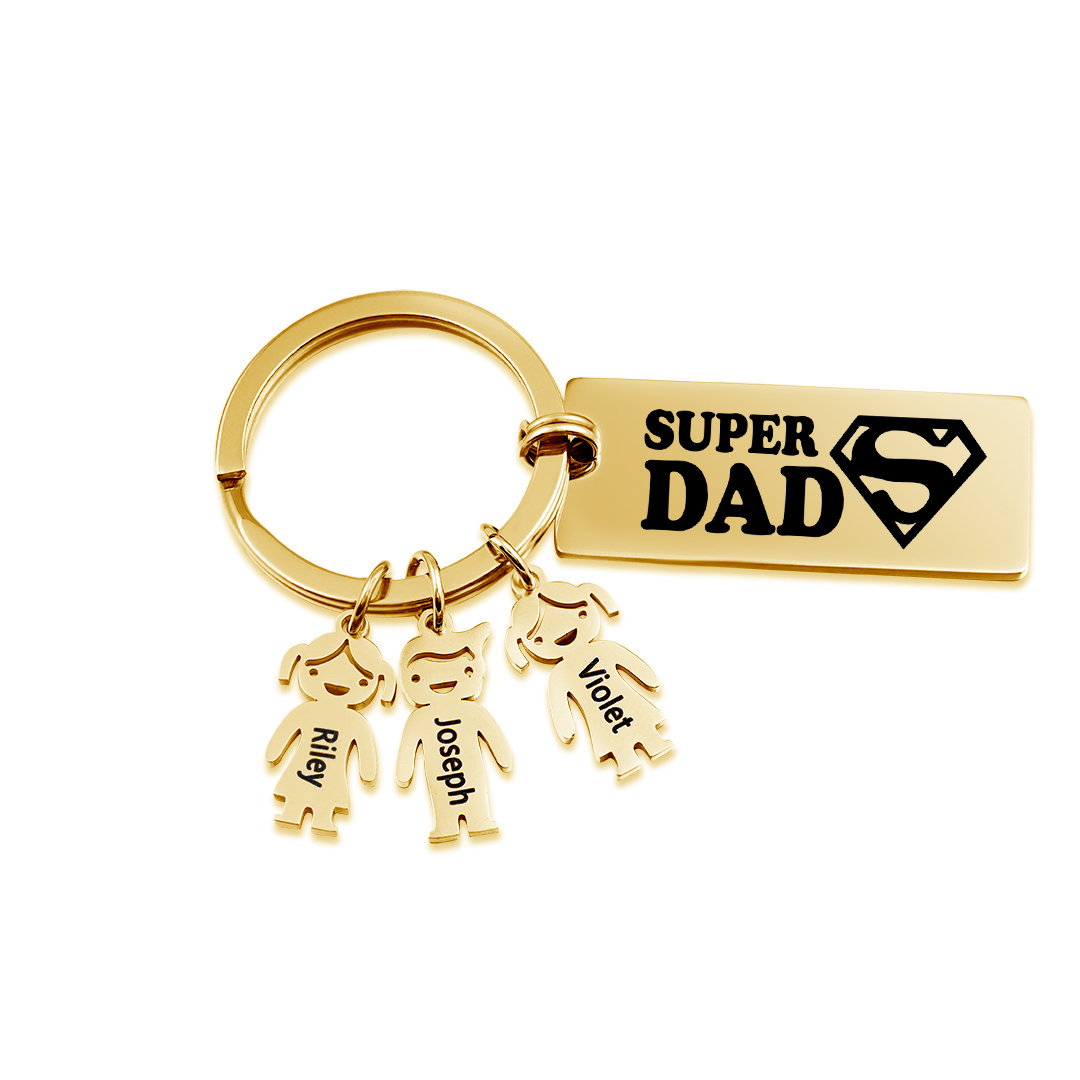 Father's Day Gift Personalised Super Dad Keychain Engraved 3 Kid Charms-Jessemade AU