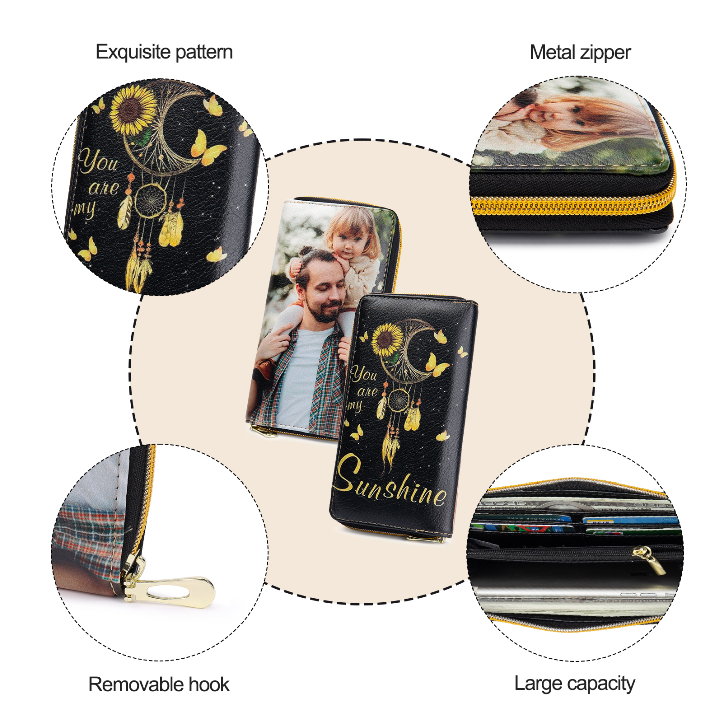 "You are My Sunshine",Personalised Dream Catcher Leather Wallet Engraved 1 Photo Zip Wallet Long Purse Gifts for Her-Jessemade AU