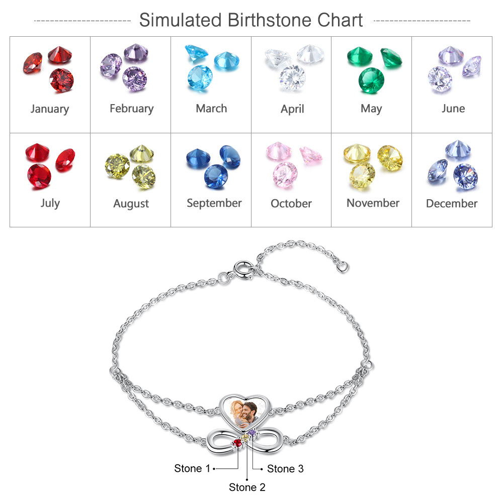 Personalised Heart Photo Bracelet With 3 Birthstones Custom Photo Bracelet Gifts For Her-Jessemade AU