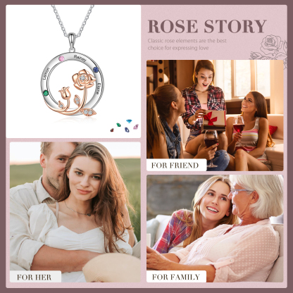 Personalised Rose Flowers Necklace With 3 Birthstones Engraved Names Necklace Gift For Women-Jessemade AU