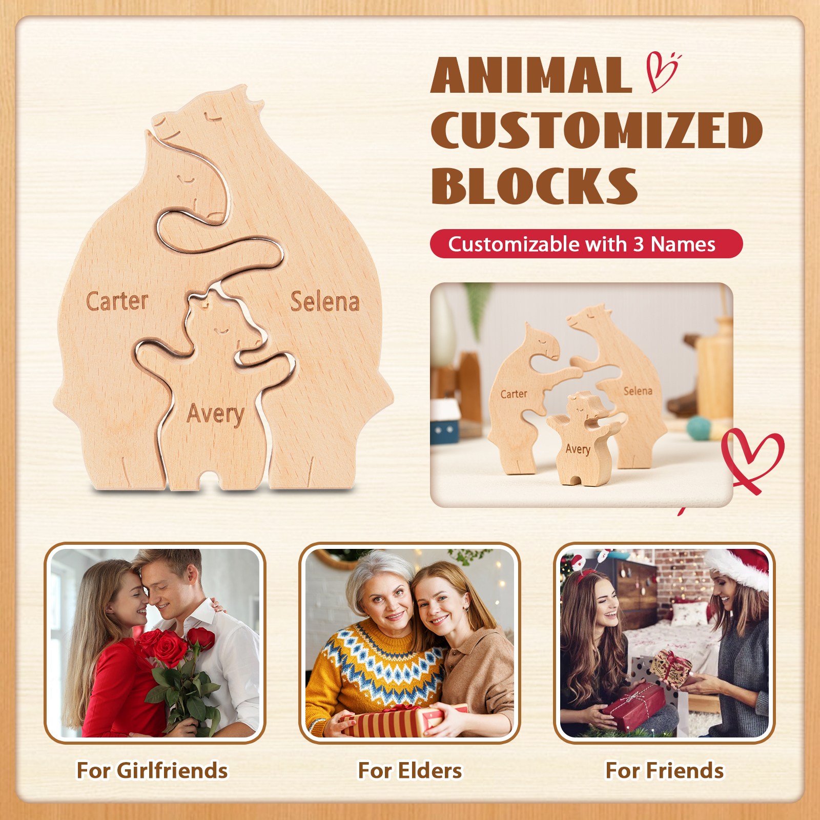 Personalised Wooden Animal Puzzle Custom 3 Names Puzzle Whale Bear Rabbit Hug Ornament Gifts for Family-Jessemade AU