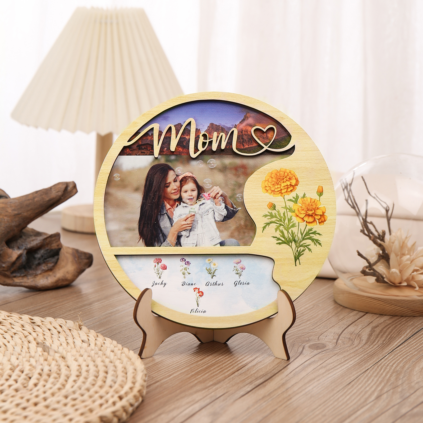 Personalised Photo & Text Wooden Plaque Custom 6 Birth Flowers & 5 Names Wooden Sign With Stand Gifts for Mum/Nana-Jessemade AU