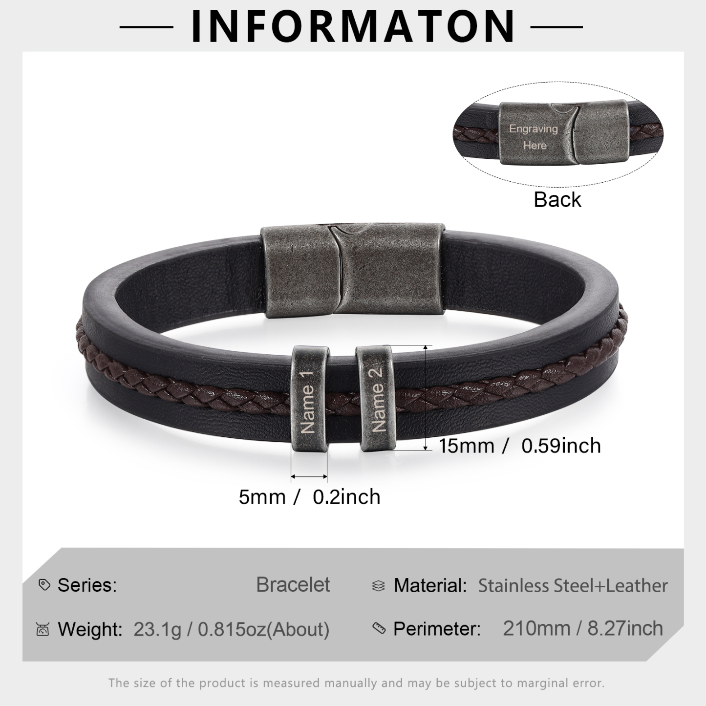 2 Names - Personalised Men's Leather Bracelet Custom Text Beaded Bracelets Vintage Gift for Him