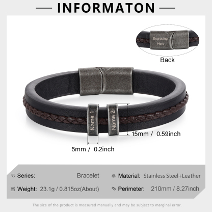 2 Names - Personalised Men's Leather Bracelet Custom Text Beaded Bracelets Vintage Gift for Him