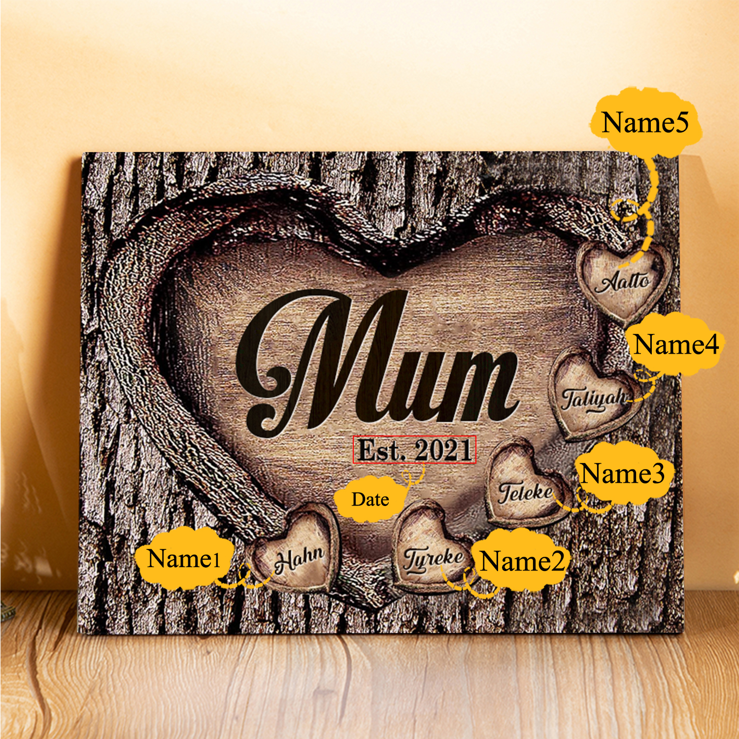 5 Names - Personalised Mum Wooden Plaque Custom Date & Names Home Decoration Hearts Gift for Mother-Jessemade AU