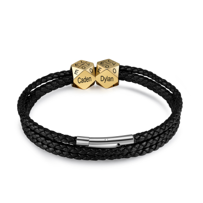 Personalised Braided Leather Bracelet Engraved 4 Names polyhedron Men's Bracelet Gifts For Him-Jessemade AU