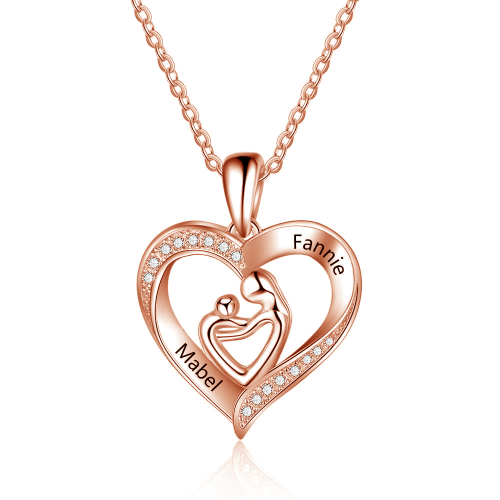 Mother and Child Heart Necklace Engraved with 2 Names Love Necklace Sterling Silver-Jessemade AU