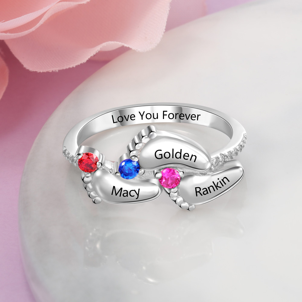 Personalised Baby Foot Ring With 3 Birthstones Engraved Names Ring Gift For Women-Jessemade AU