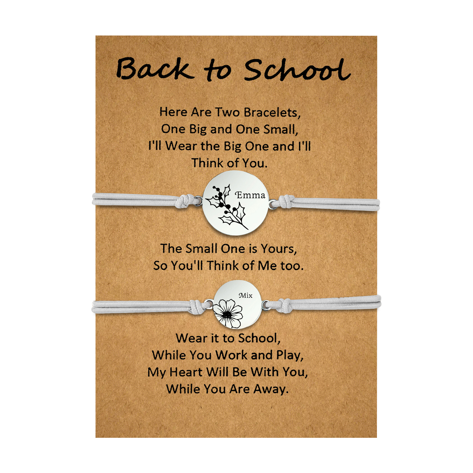 2 Pcs Bracelet Set Personalised Names & Birth Flowers Adjustable Bracelets with Message Card Back to School Gifts for Daughters-Jessemade AU