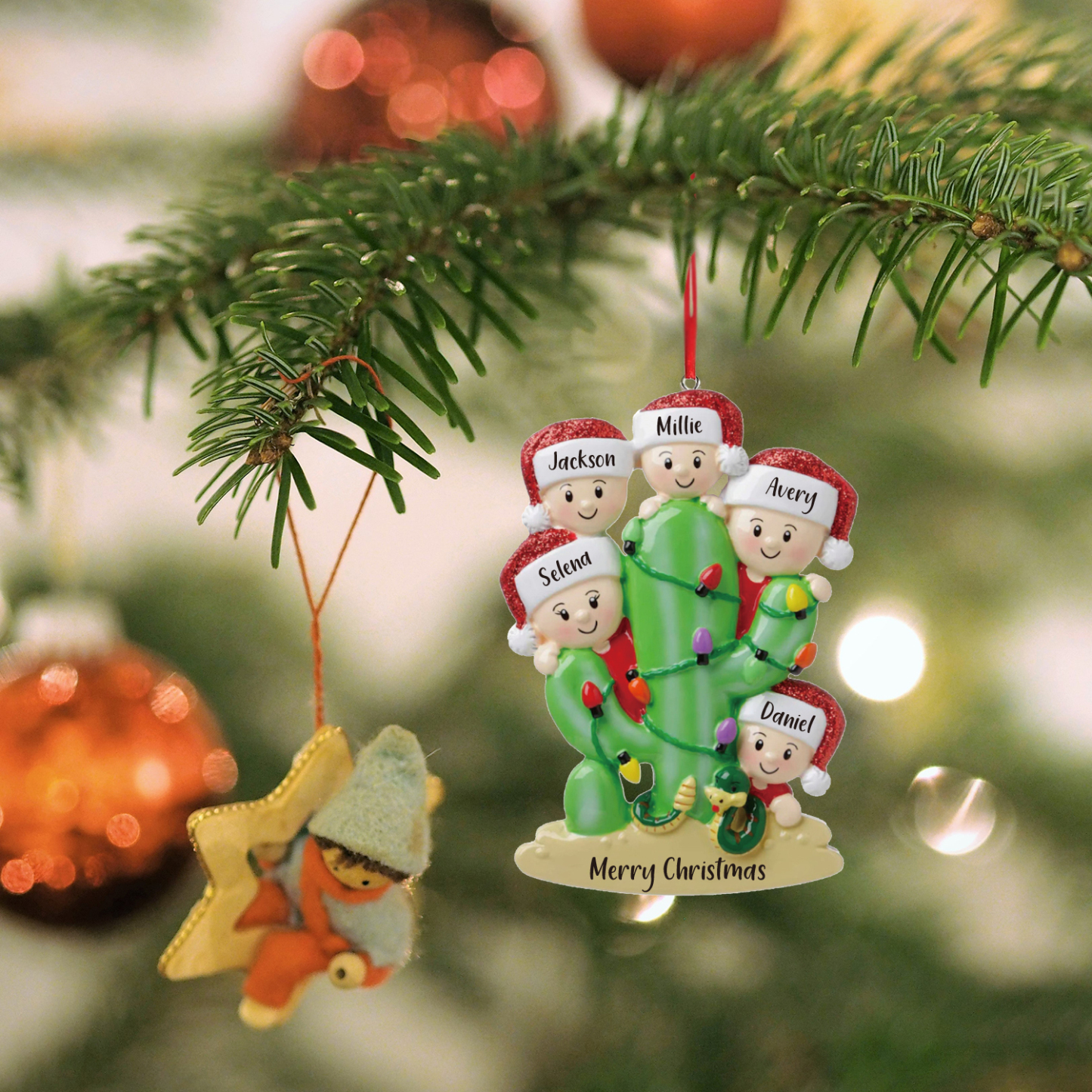 5 Names - Personalised Cactus Ornament Customised Name & Text Christmas Tree Wooden Decor Gift for Family and Friends-Jessemade AU