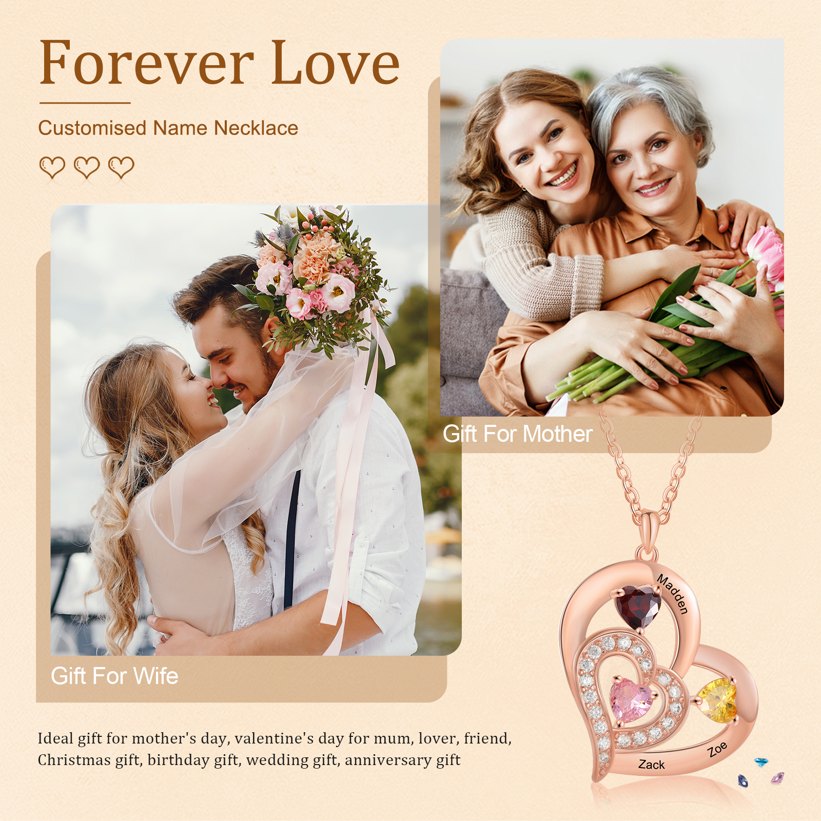 3 Names - Personalised Heart Pendant Necklace Customised Names & Birthstones Necklace Birthday Gift for Her-Jessemade AU