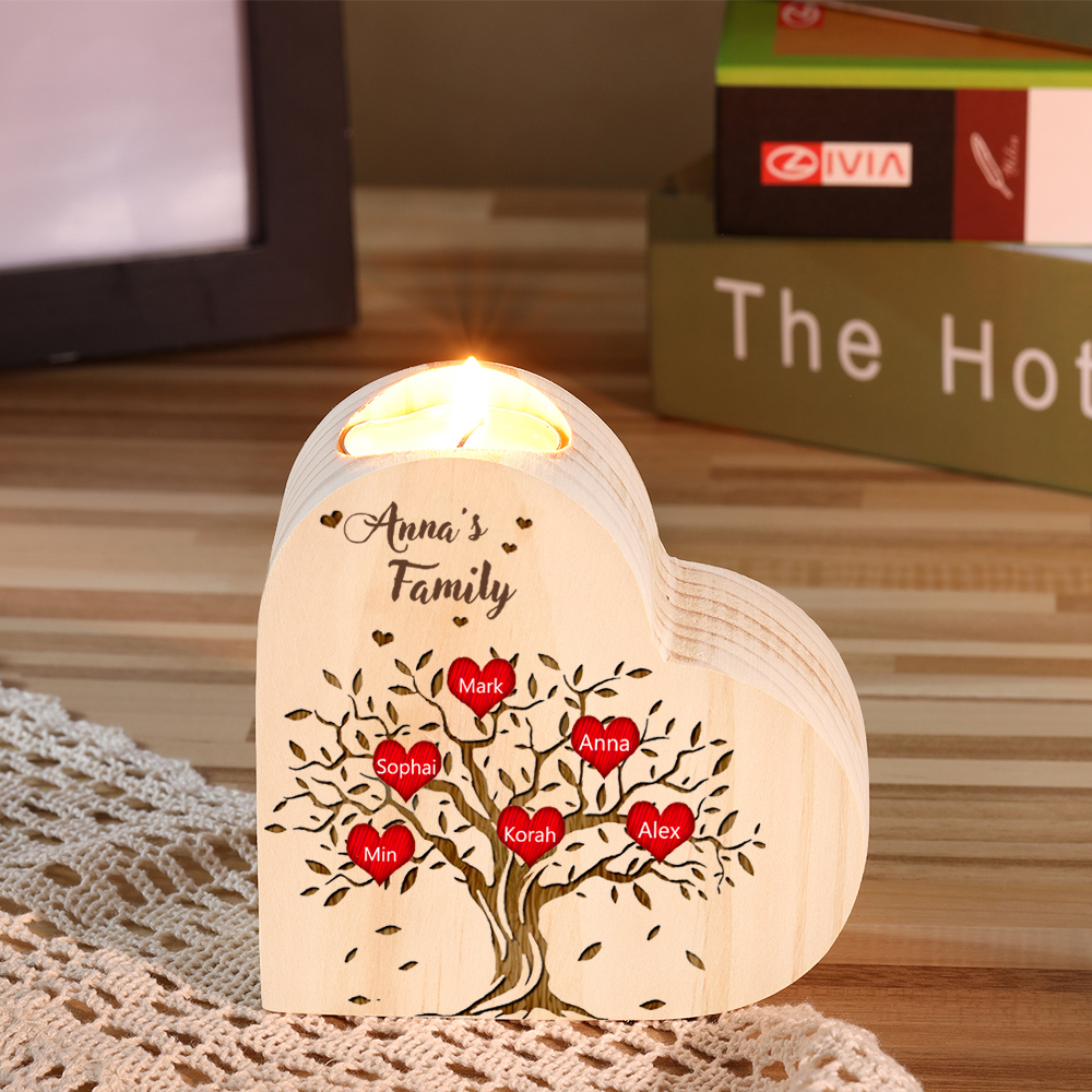 To My Family Wooden Heart Candle Holder Custom 6 Names Family Tree Candlesticks-Jessemade AU