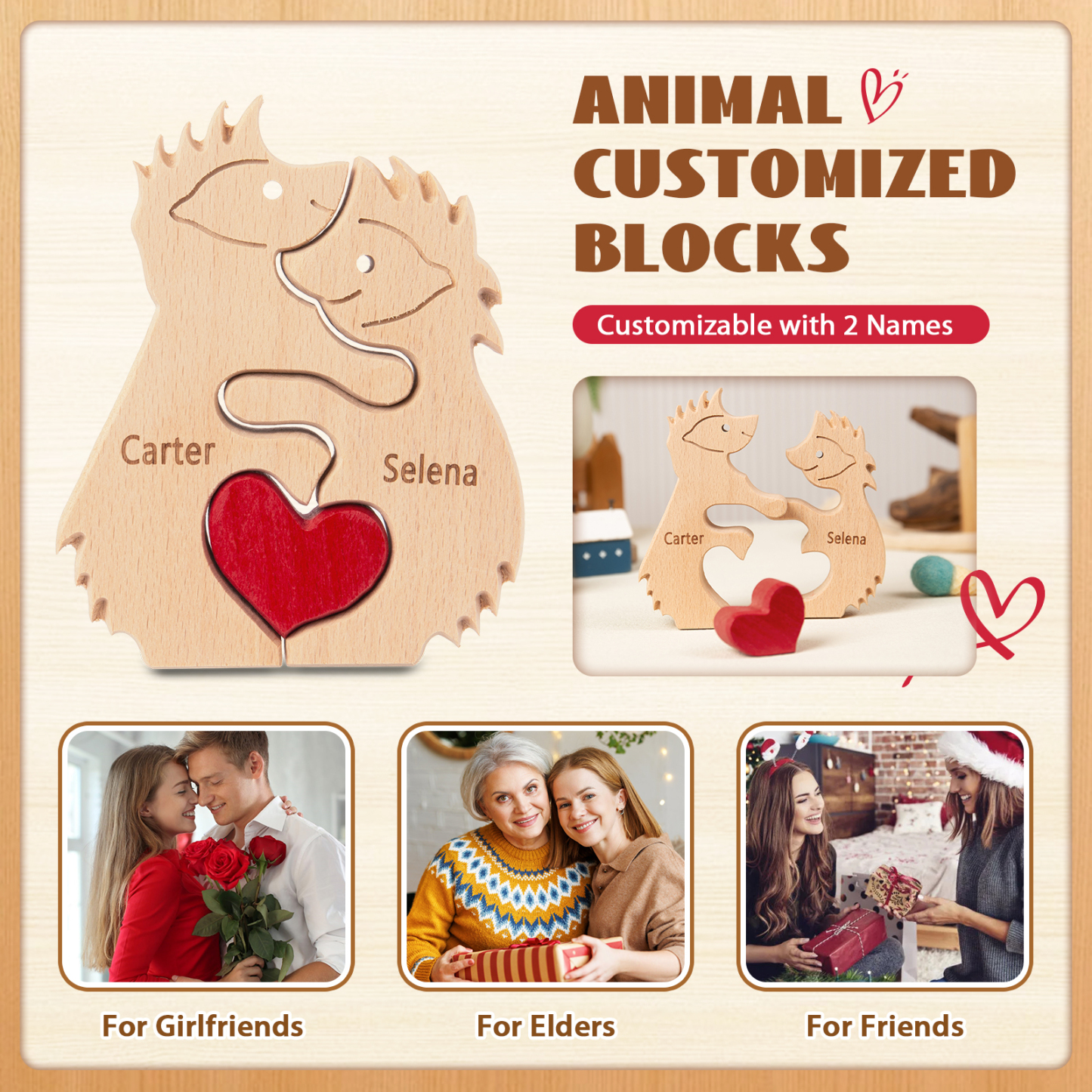 Personalised Wooden Animal Puzzle Custom 2 Names Puzzle Hedgehog Bear Elephant Hug Ornament Gifts for Family Couple-Jessemade AU