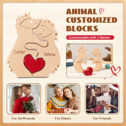 Personalised Wooden Animal Puzzle Custom 2 Names Puzzle Hedgehog Bear Elephant Hug Ornament Gifts for Family Couple-Jessemade AU