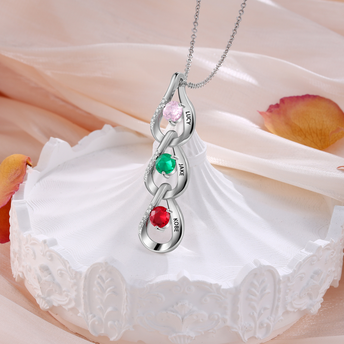 Personalised Teardrop Pendant Necklace Custom 3 Birthstones & 3 Names Necklace Gifts for Her-Jessemade AU