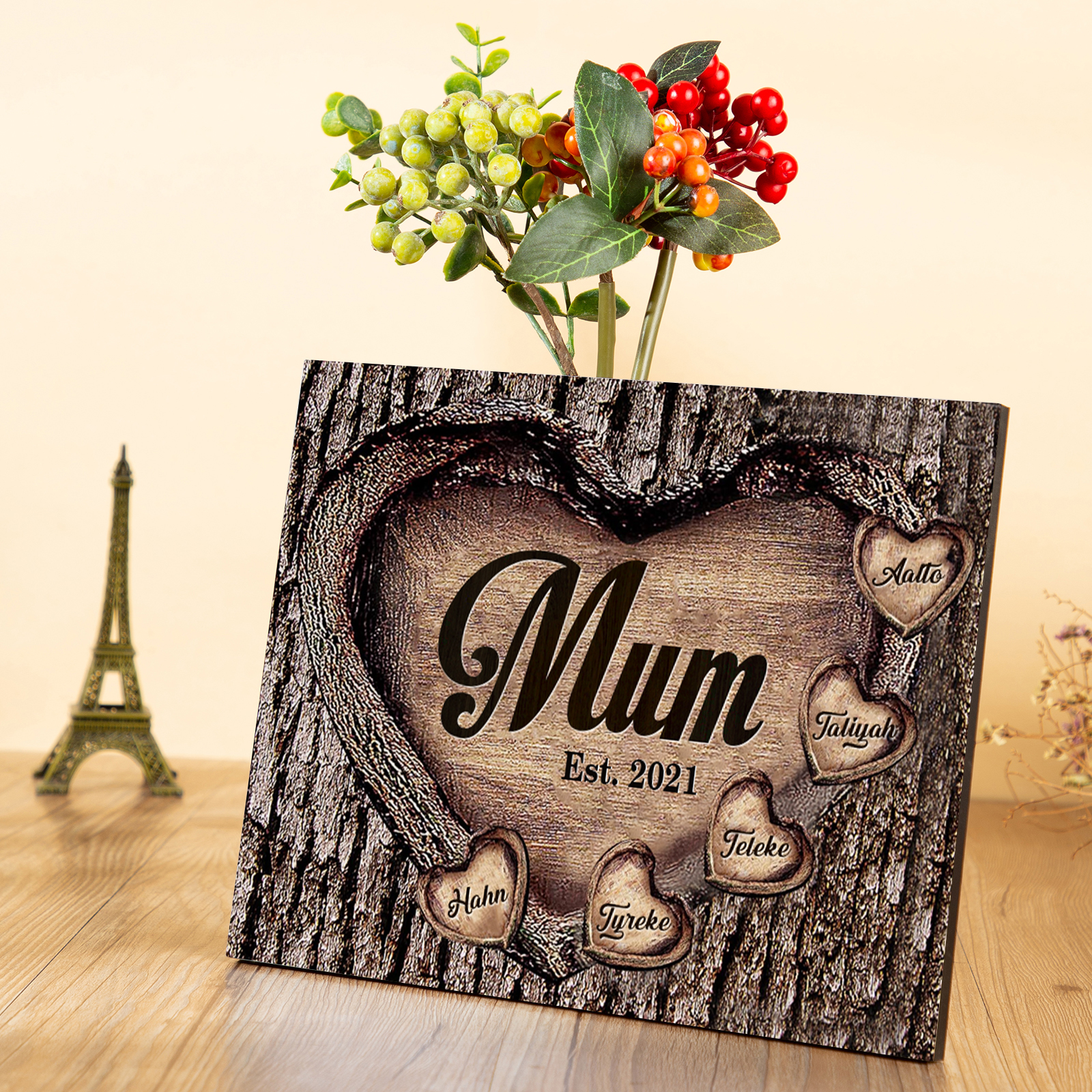 5 Names - Personalised Mum Wooden Plaque Custom Date & Names Home Decoration Hearts Gift for Mother-Jessemade AU