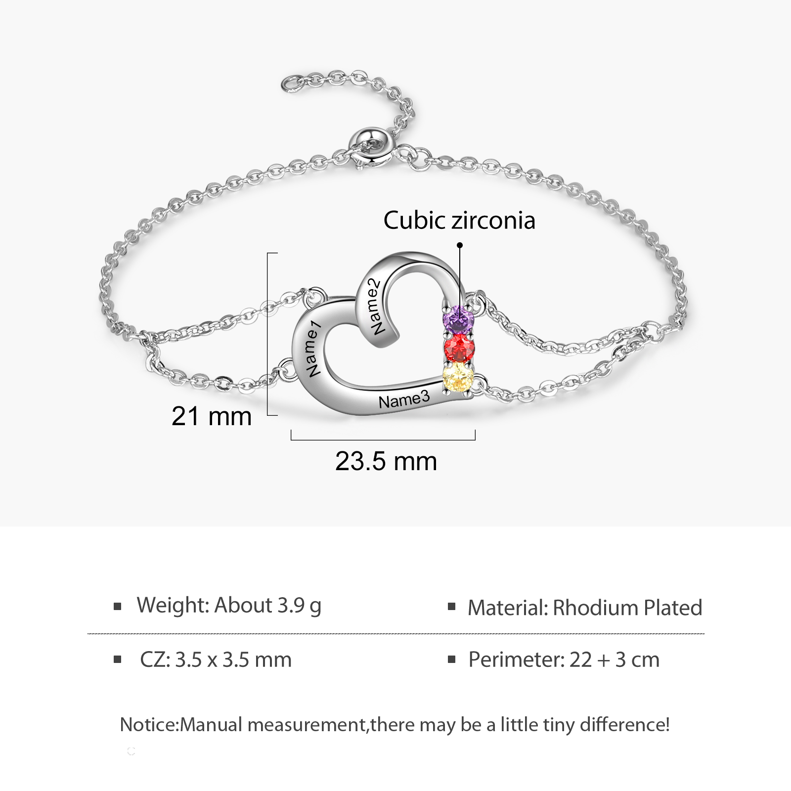 Personalised Heart Bracelet With 3 Birthstones Engraved Names Gift For Women-Jessemade AU