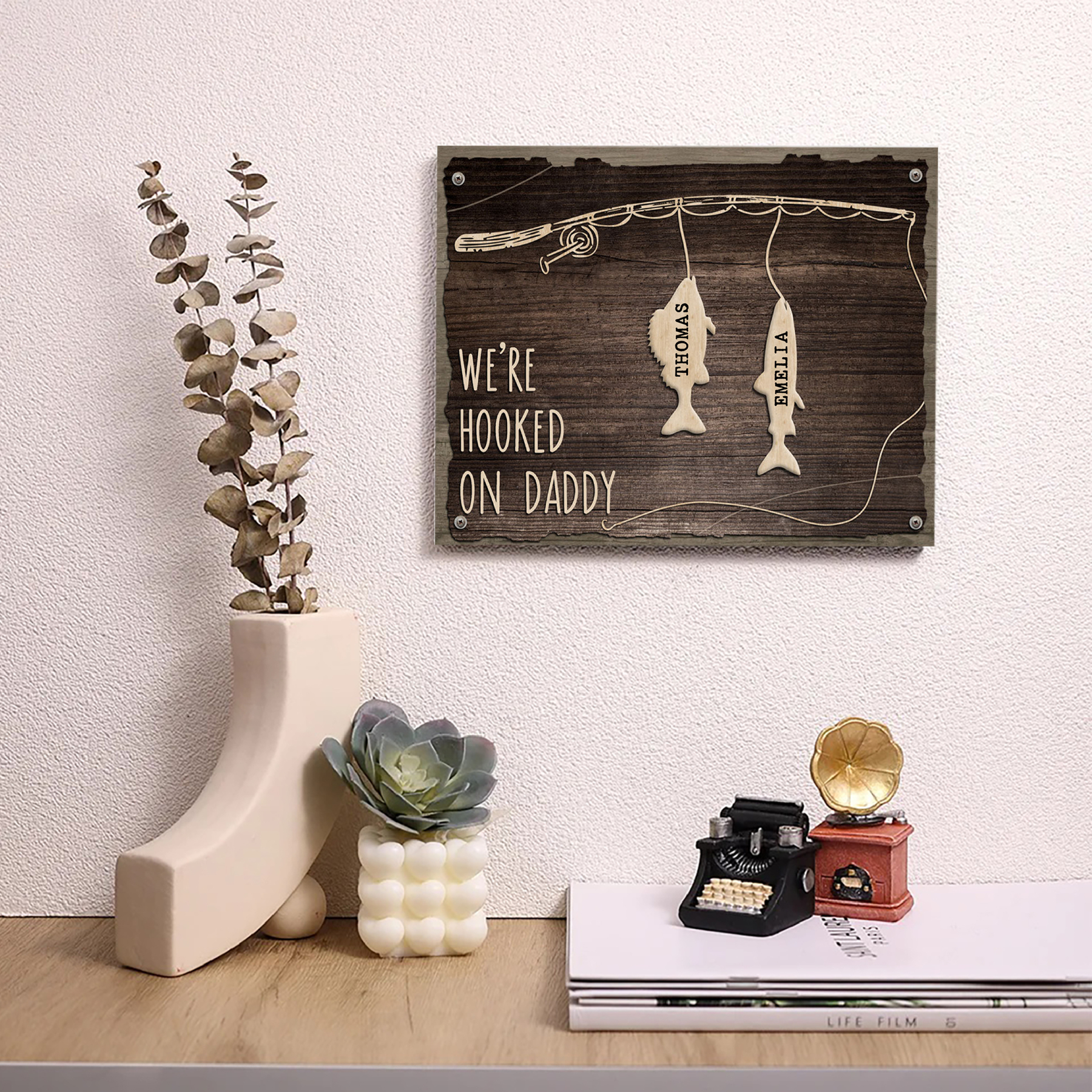 Father's Day Gifts Wood Signs Engrave 2 Names Frame Keepsake -We've Hooked On Daddy-Jessemade AU