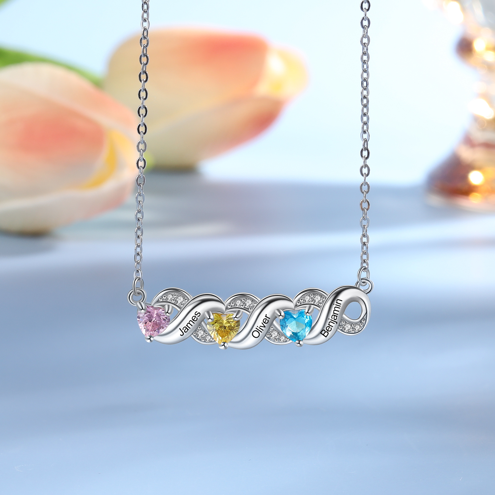 Personalised Heart Birthstone Necklace Custom 3 Names Overlap Necklace Gifts for Her-Jessemade AU