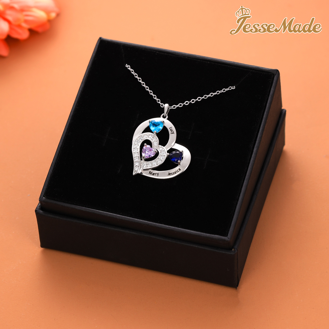 Personalised Heart Necklace With 3 Birthstones Engraved Names Gift For Her-Jessemade AU