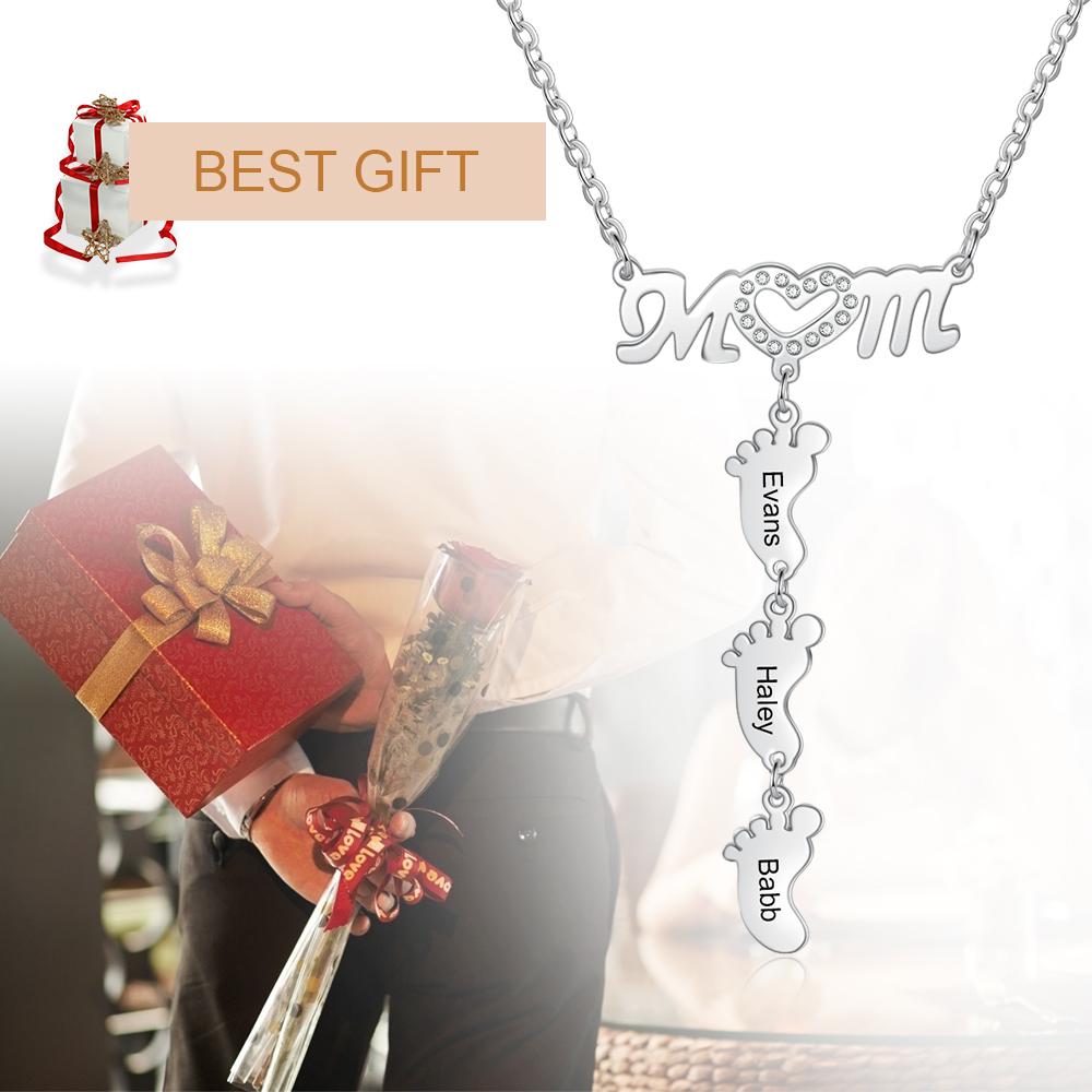 Mother Necklace with 3 Baby Feet Pendants Engraved 3 Names Mom Rose Gift Set-Jessemade AU