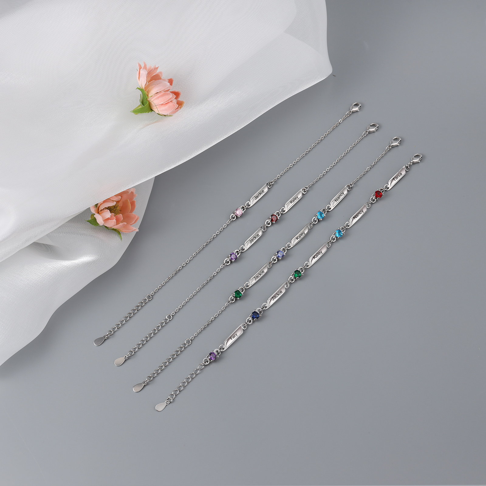 Personalised Family Name Bracelet With 1 Birthstones Engraved Names Gift For Her-Jessemade AU