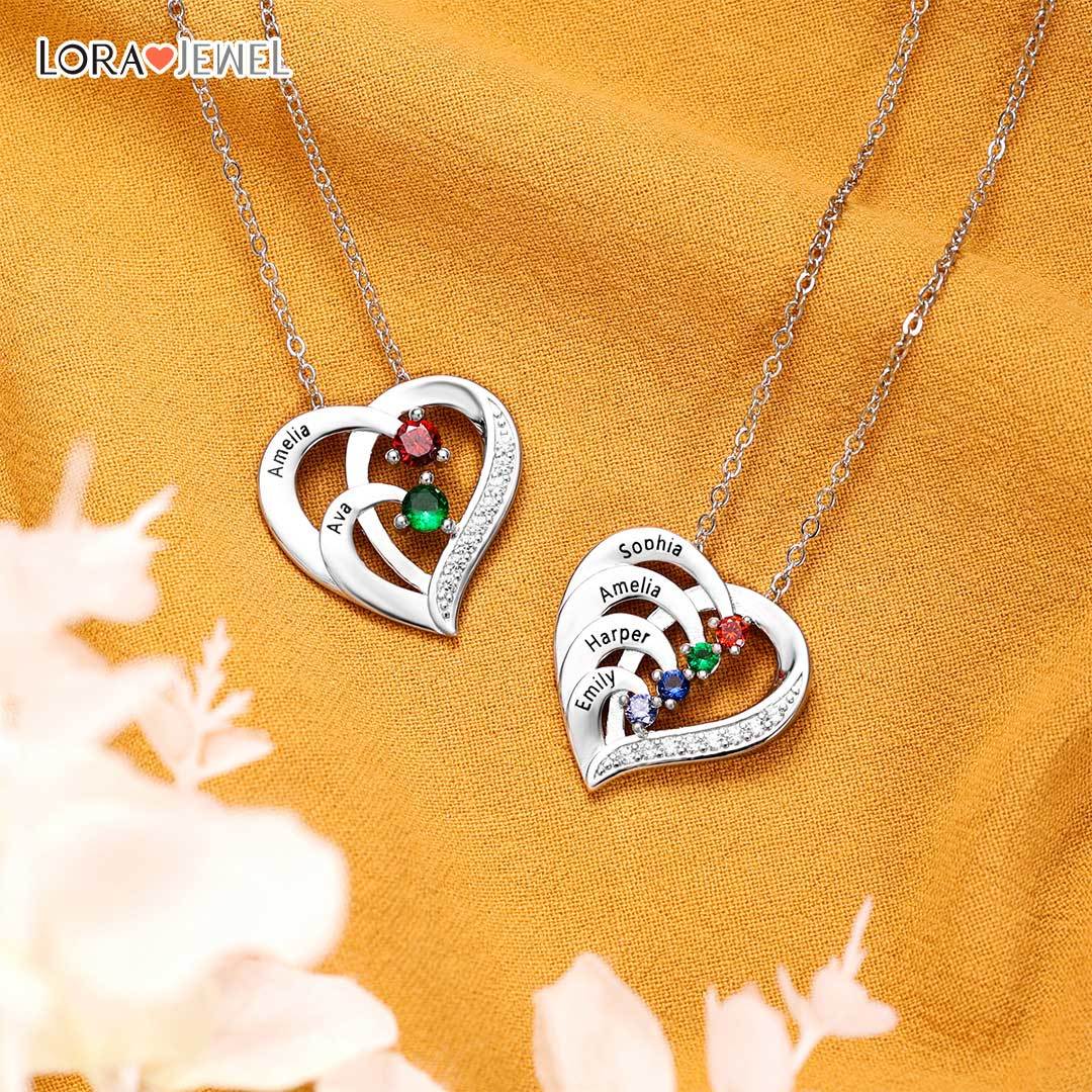 Personalised Mother Necklace Engraved 3 Names 3 Birthstone Intertwined Heart Pendant