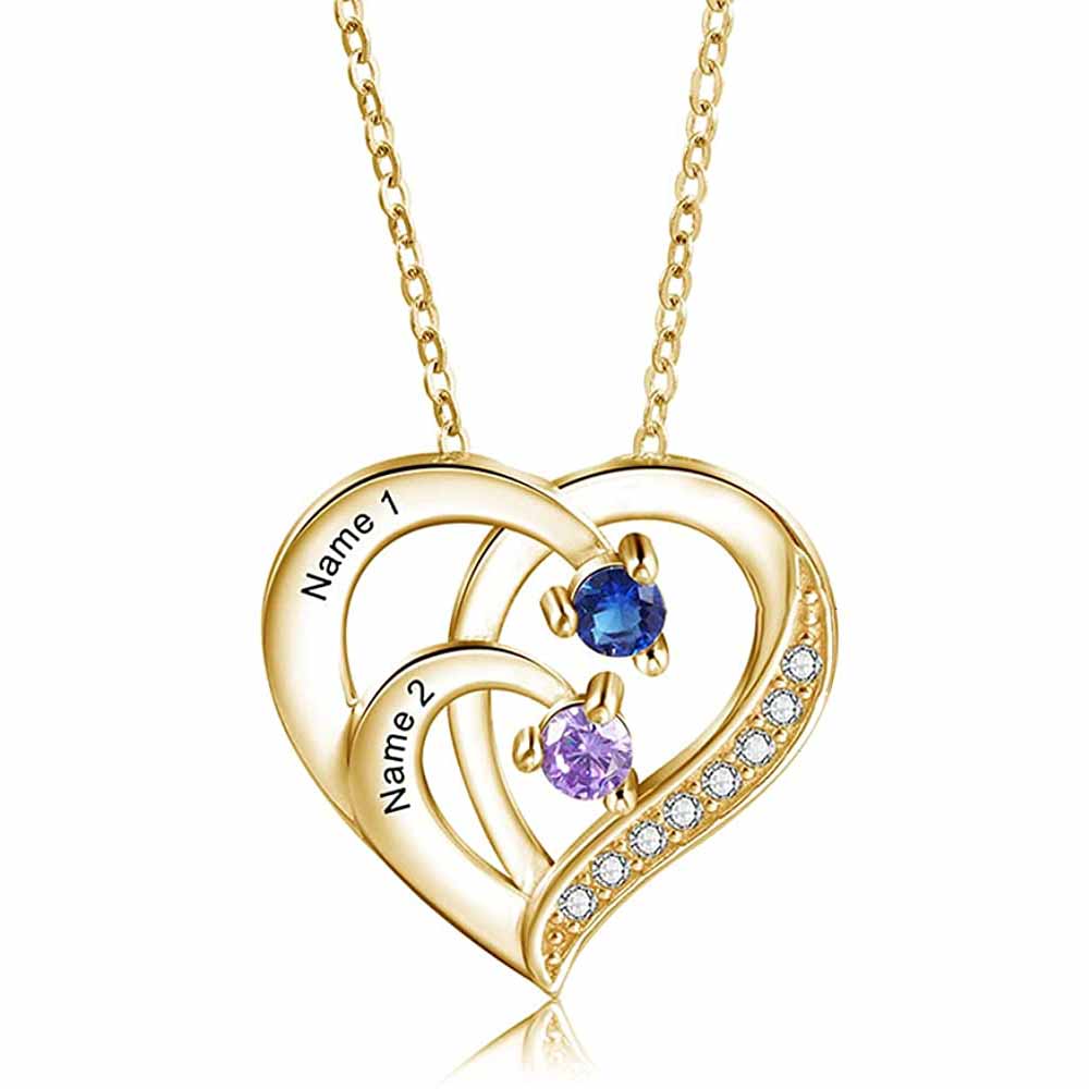 Personalised Mother Necklace Engraved 2 Names 2 Birthstone Intertwined Heart Pendant