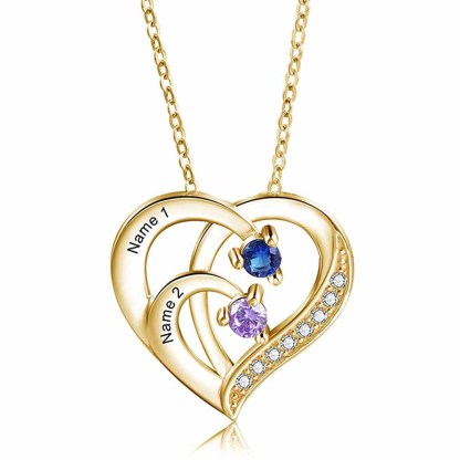 Personalised Mother Necklace Engraved 2 Names 2 Birthstone Intertwined Heart Pendant